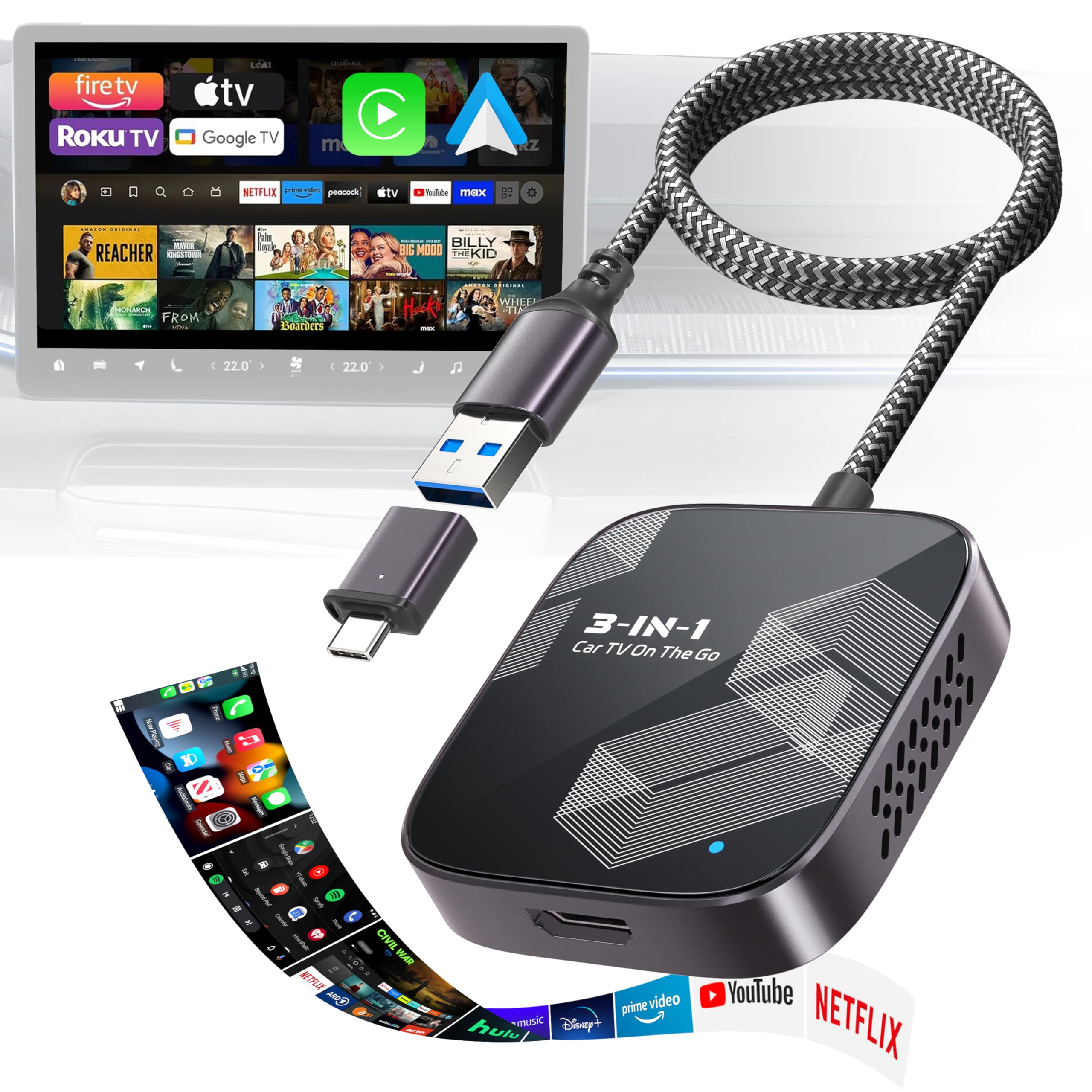 Photo 1 of **POSSIBLY FOR PARTS/RESTARTS ALOT** 3-in-1 Wireless CarPlay Adapter, Car TV Mate Pro Max 2025 Upgraded [Metal & Glass Case] Convert Wired to Wireless Apple Car Play/Android Auto or HDMI for Fire TV Stick, Compatible for 2016+ Vehicles