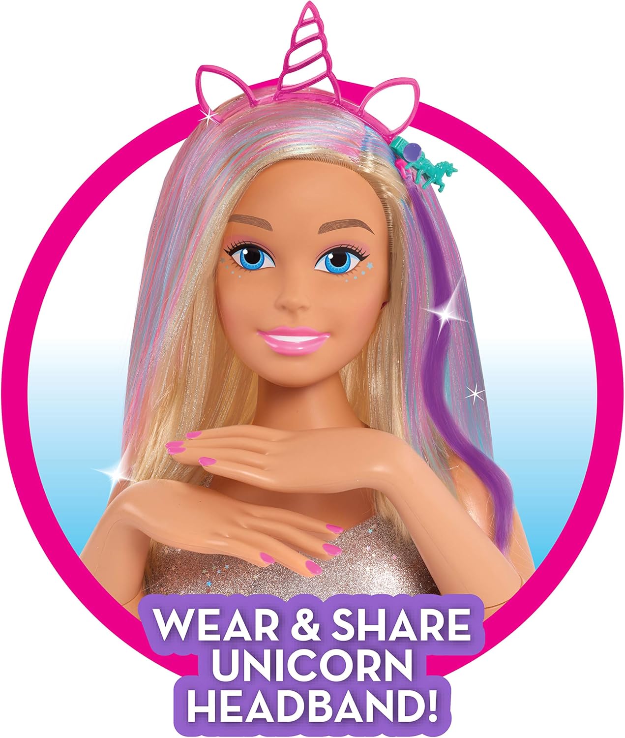 Barbie Deluxe 20-Piece Glitter and Go Styling Head, Blonde Hair and Unicorn Headband: Toys & Games