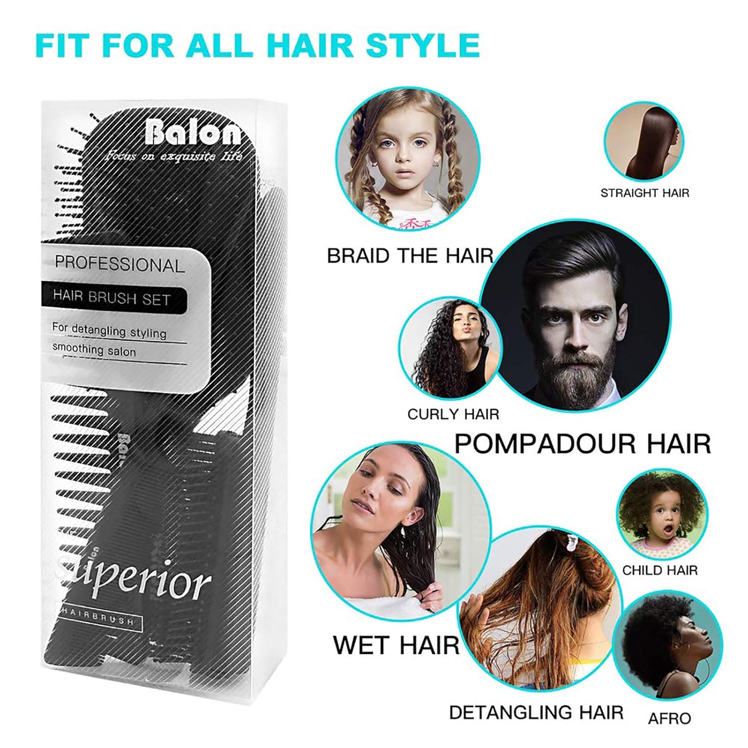 4Pcs Paddle Hair Brush, Detangling Brush and Hair Comb Set for Men and Women, Great On Wet or Dry Hair, No More Tangle Hairbrush for Long Thick Thin Curly Natural Hair（Black） : Beauty