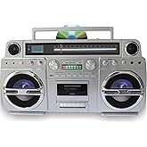 TechPlay Monster S 1980S-Style Boom Box CD Player, Cassette Player/Recorder, AM/FM, USB, Bluetooth Speaker with Built-in Rechargeable Battery…