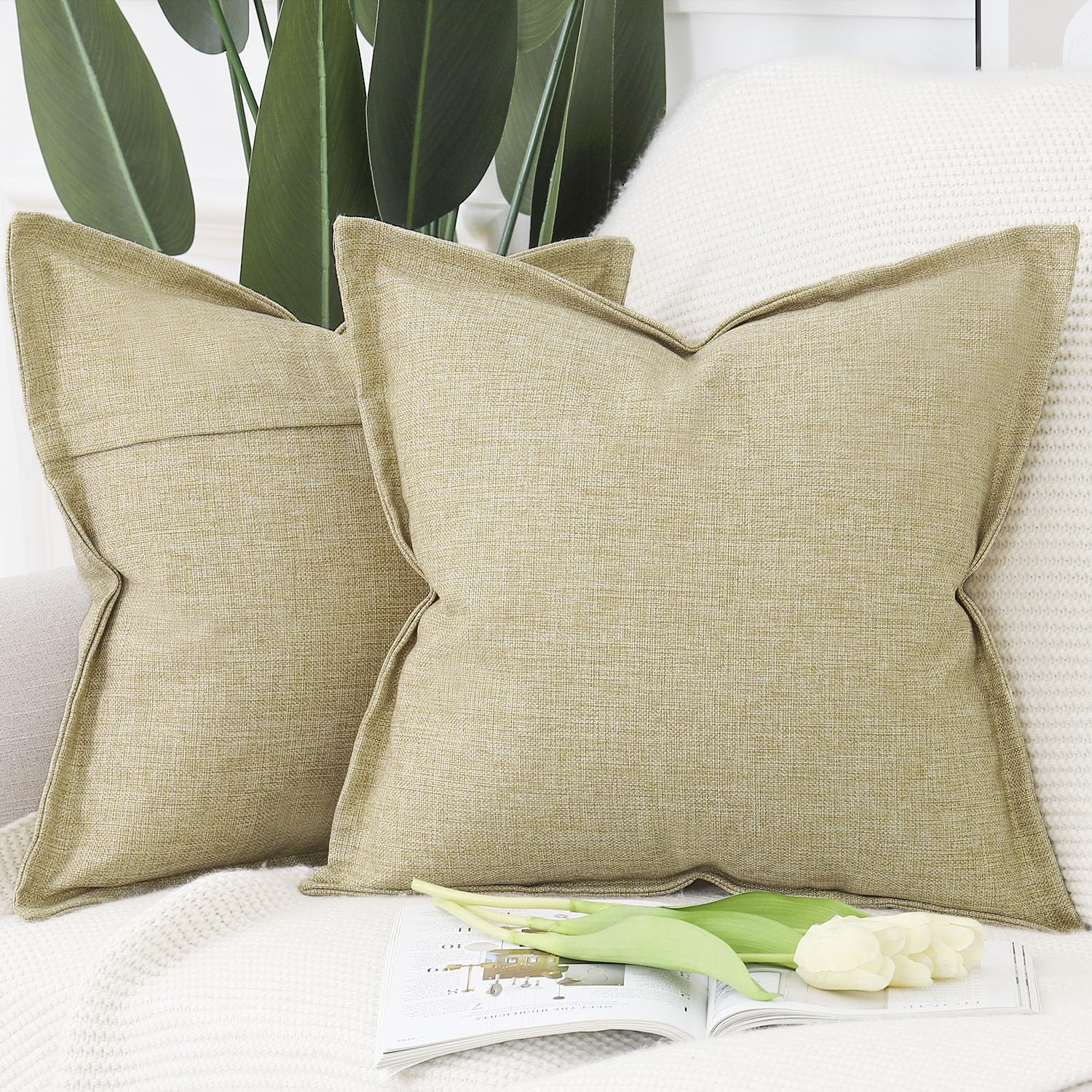 Madizz Set of 2 Faux Linen Cushion Covers with Broad Edge Soft Boho Decorative Pillow Cases for Sofa Bedroom Modern Pillow Shell 24x24 inch, 60x60 cm Khaki