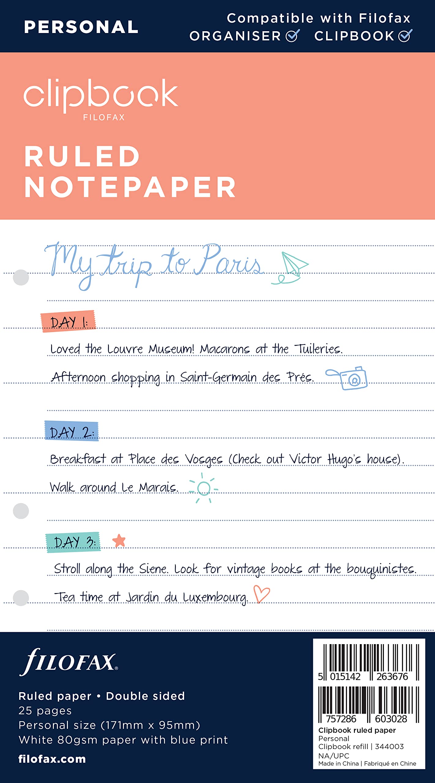 Filofax Personal Clipbook Ruled Paper Refill, Whites