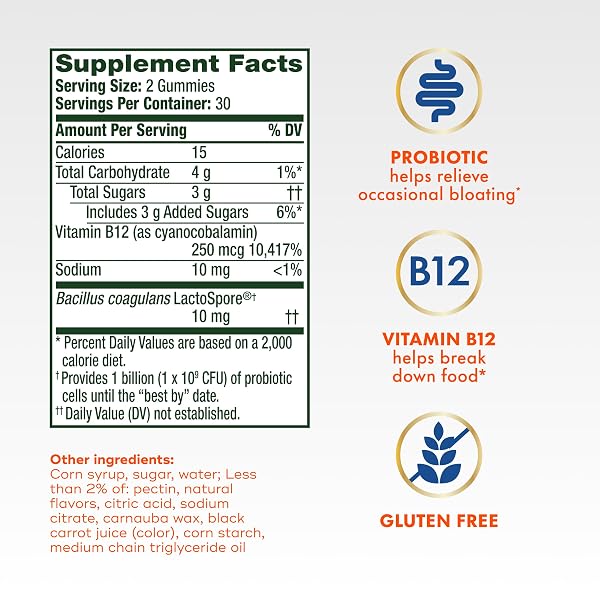 ALIGN PROBIOTIC, BLOATING RELIEF + FOOD DIGESTION, PROBIOTICS FOR WOMEN AND MEN, PROBIOTIC HELPS SOOTHE OCCASIONAL BLOATING*, WITH VITAMIN B12 TO HELP BREAK DOWN FOOD INTO CELLULAR ENERGY*,60 GUMMIES