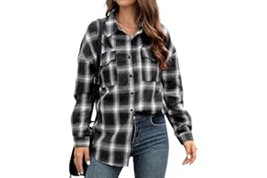 MIDNIGHTSUN Womens Button Down Flannel Plaid Shacket Shirt Oversized Buffalo Long Sleeve Shirt Jacket