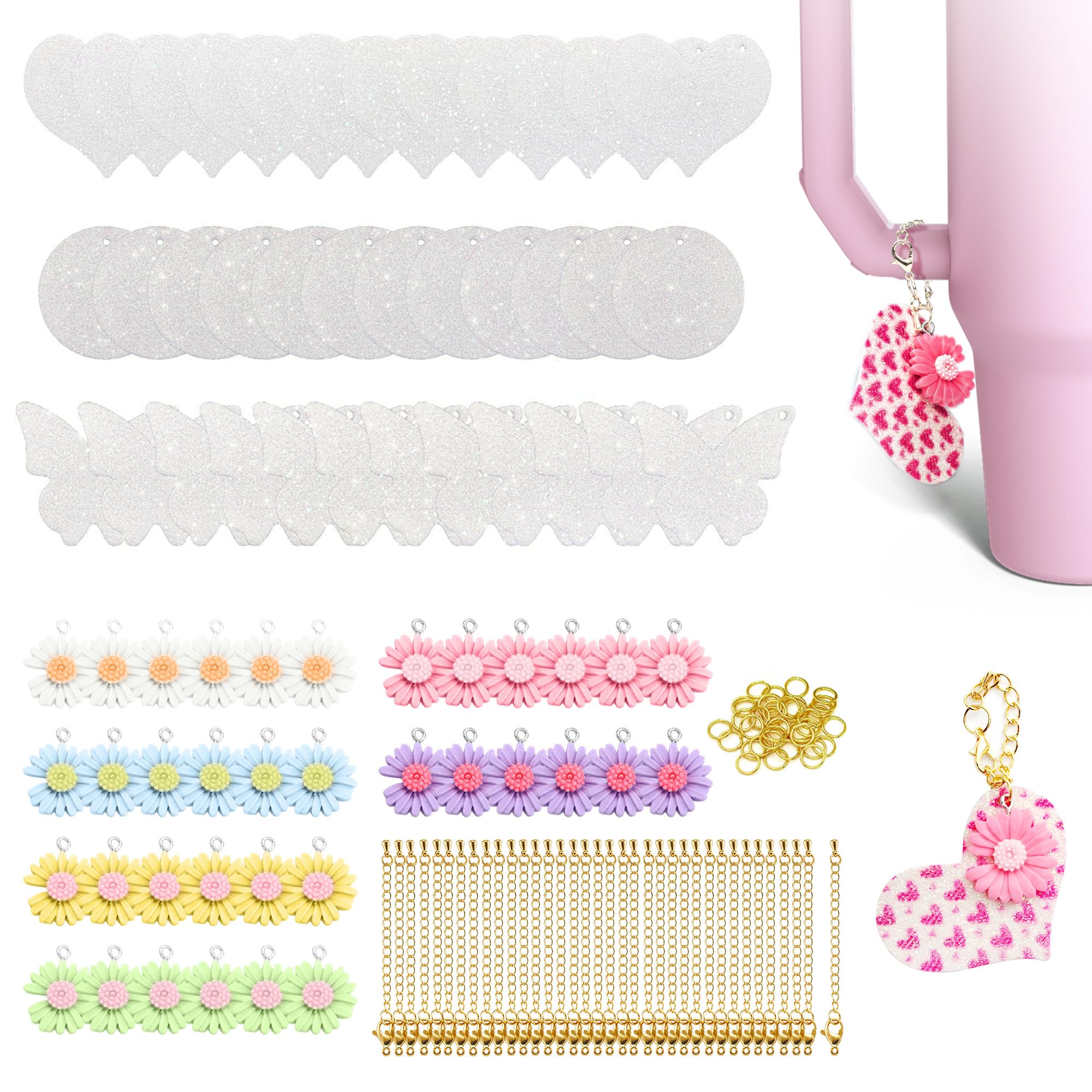 Photo 1 of 36 Sets Sublimation Blanks for Making Car Cup Charms, Tumbler Cup Accessories for DIY Heat Transfer Craft Gifts, Contains Glitter Blanks Daisy Charms Chains Jump Rings