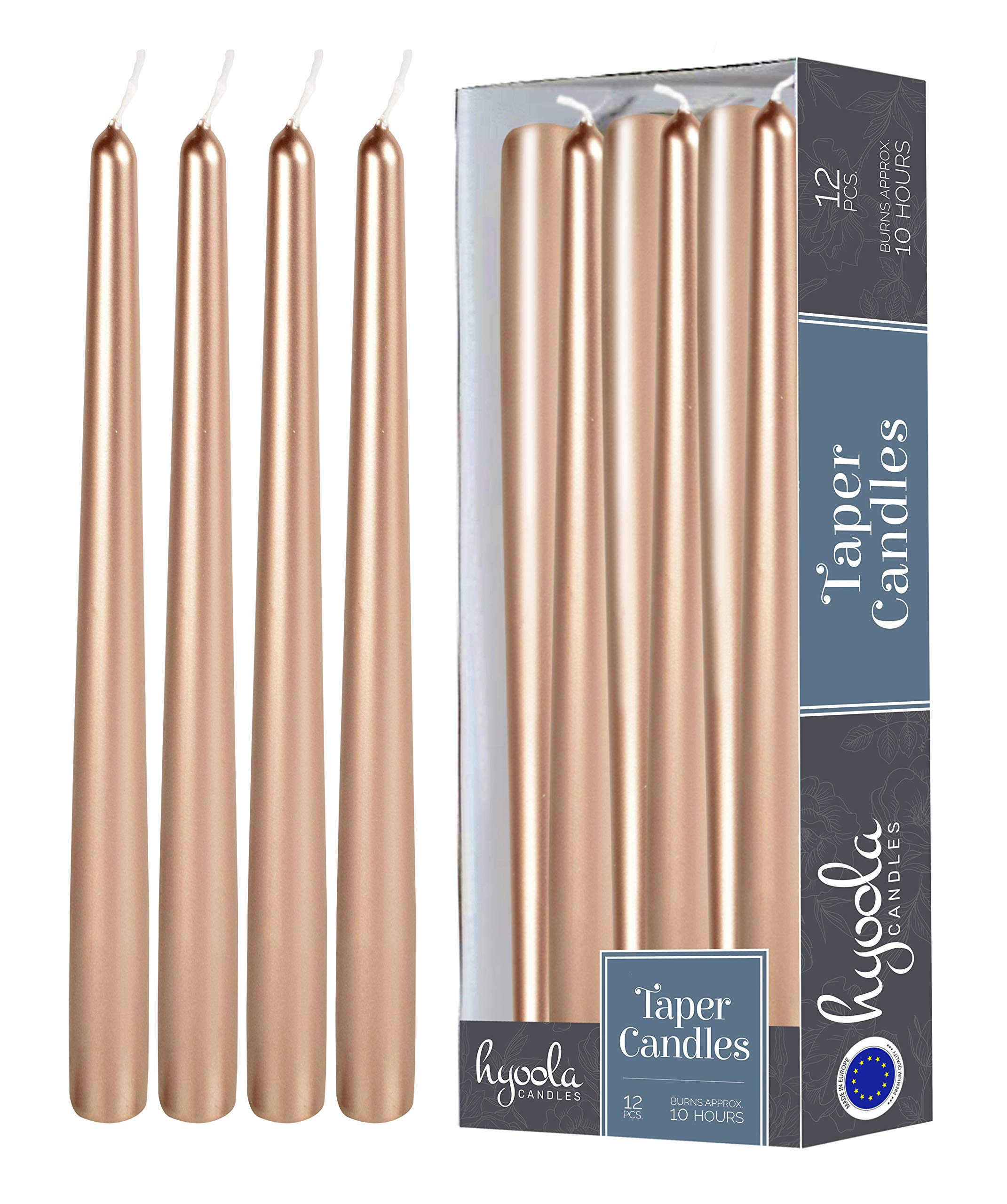 Hyoola Metallic Copper Taper Candles - 300 mm (12 Inch) Unscented Dripless Taper Candles - 10 Hour Burn Time - 12 Pack