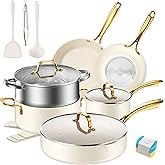 PekGema Ceramic Cookware Set 15-Pieces, Pots and Pans Set Non Stick, Oven Safe Non Toxic, Kitchen Cookware Set, PFOA PTFE FREE, Gold White