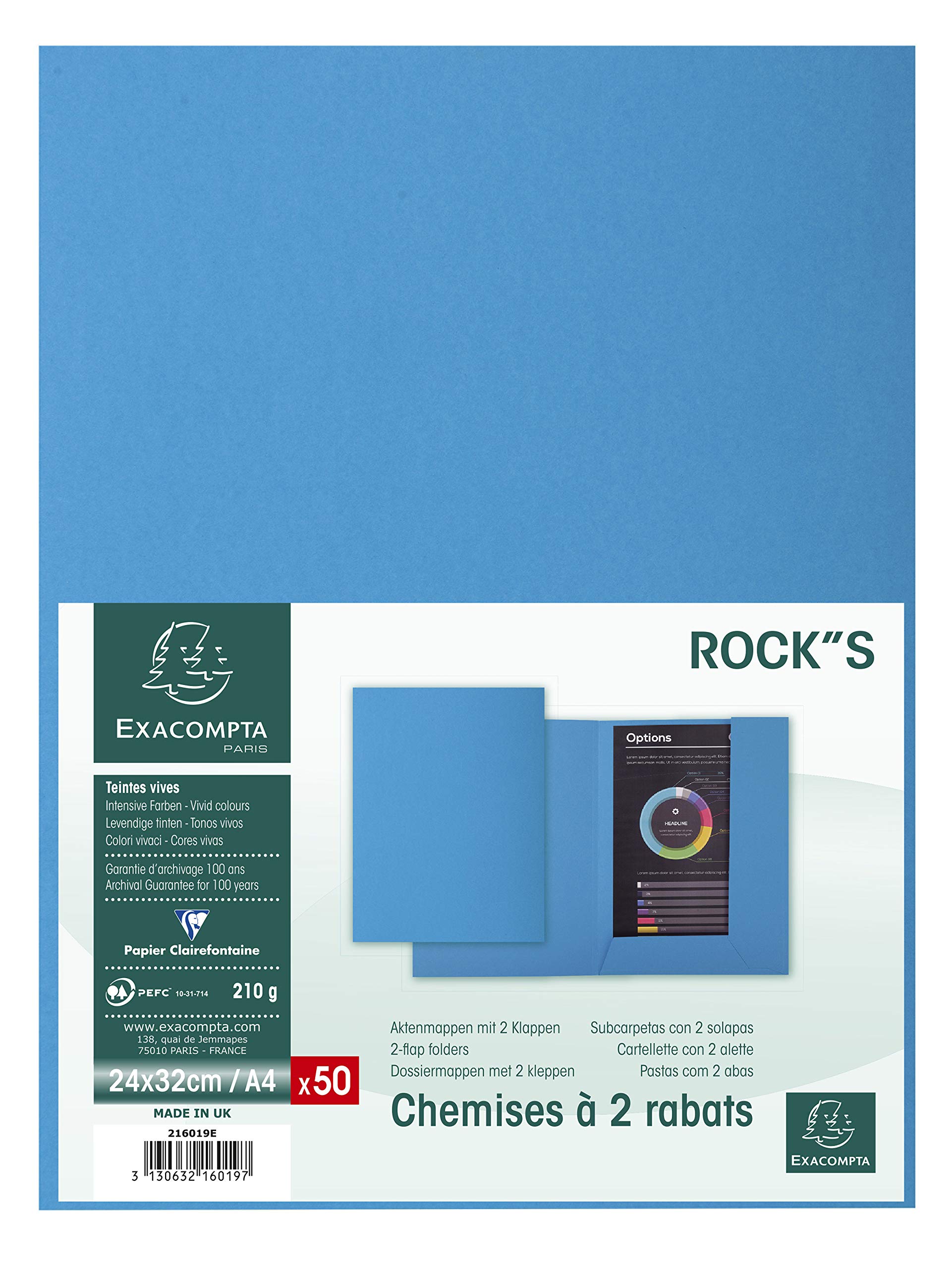 Exacompta - Ref 216019E - Rocks Collection - 2-Flap Folders - 240 x 320mm in Size, Suitable for A4 Documents, 210gsm Material, 2 Fold-Over Flaps - Blue (Pack of 50)