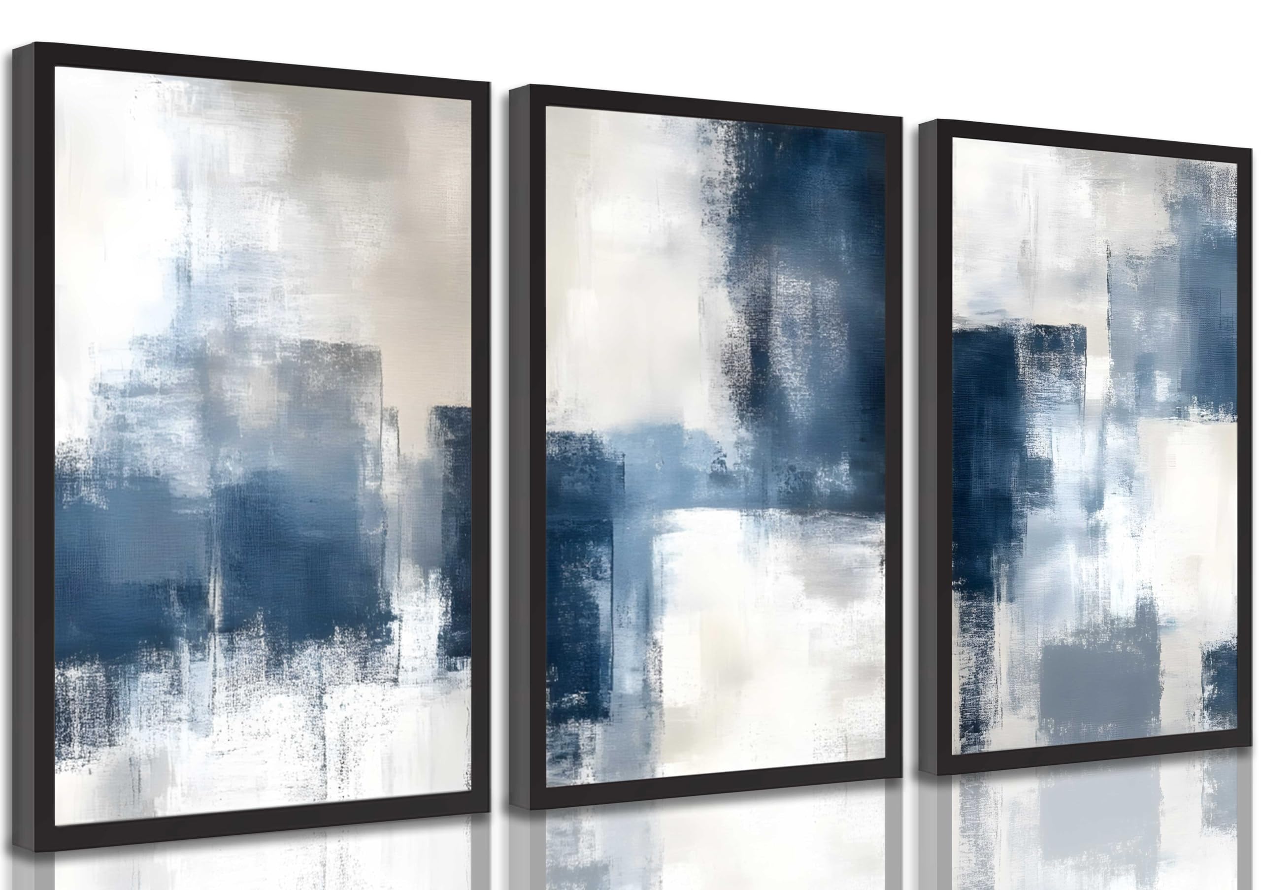 Photo 1 of 3 Pcs Navy Blue Abstract Canvas Wall Art Modern Minimalist Neutral Blue and Grey Paintings Pictures Wall Decor Poster Print Artwork for Living Room Bedroom Office Home Decoration Unframed