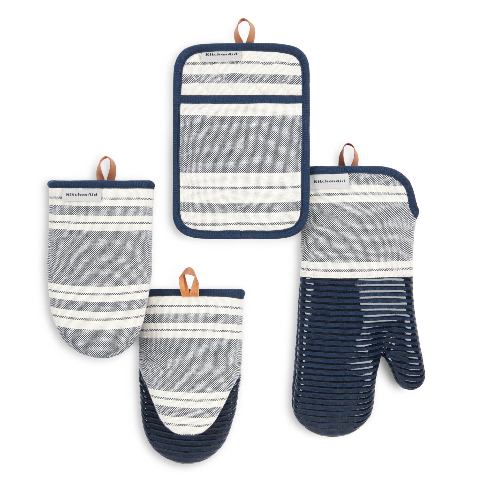 KITCHENAID Vintage Stripe Oven Mitt, Mini Oven Mitt & Pot Holder 4-Pack, 100% Cotton, Heat Resistant, Ink Blue/Ivory, 7″x14″, 5.5″x9″ & 7″x10″