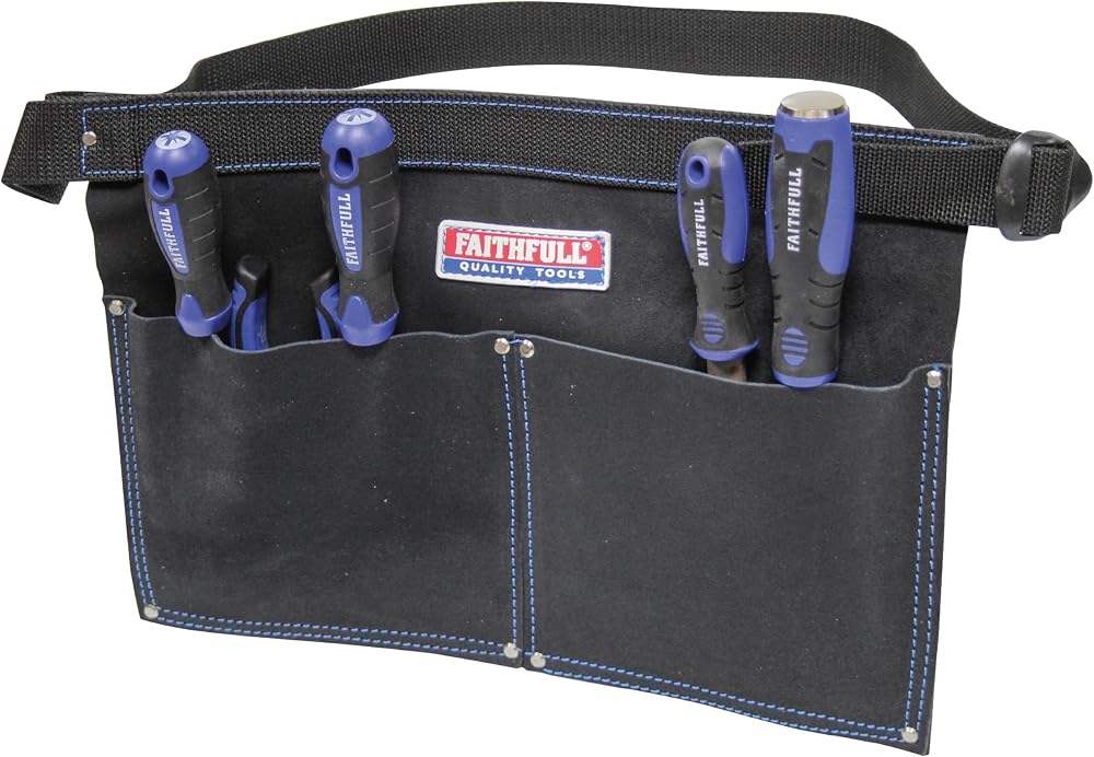 Faithfull Suede Leather 2 Pocket Nail Pouch Belt Hammer Loop Adjustable Black