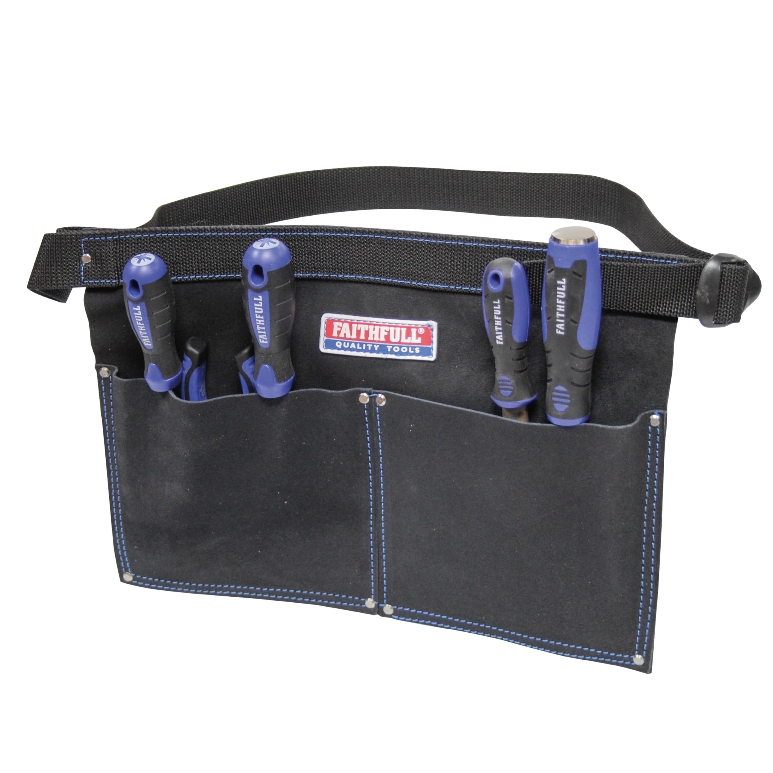 Faithfull Suede Leather Double Pocket Nail Pouch – Tool Belt with Hammer Loop & Adjustable Webbing Belt for Carpenters, Roofers & Joiners – Black