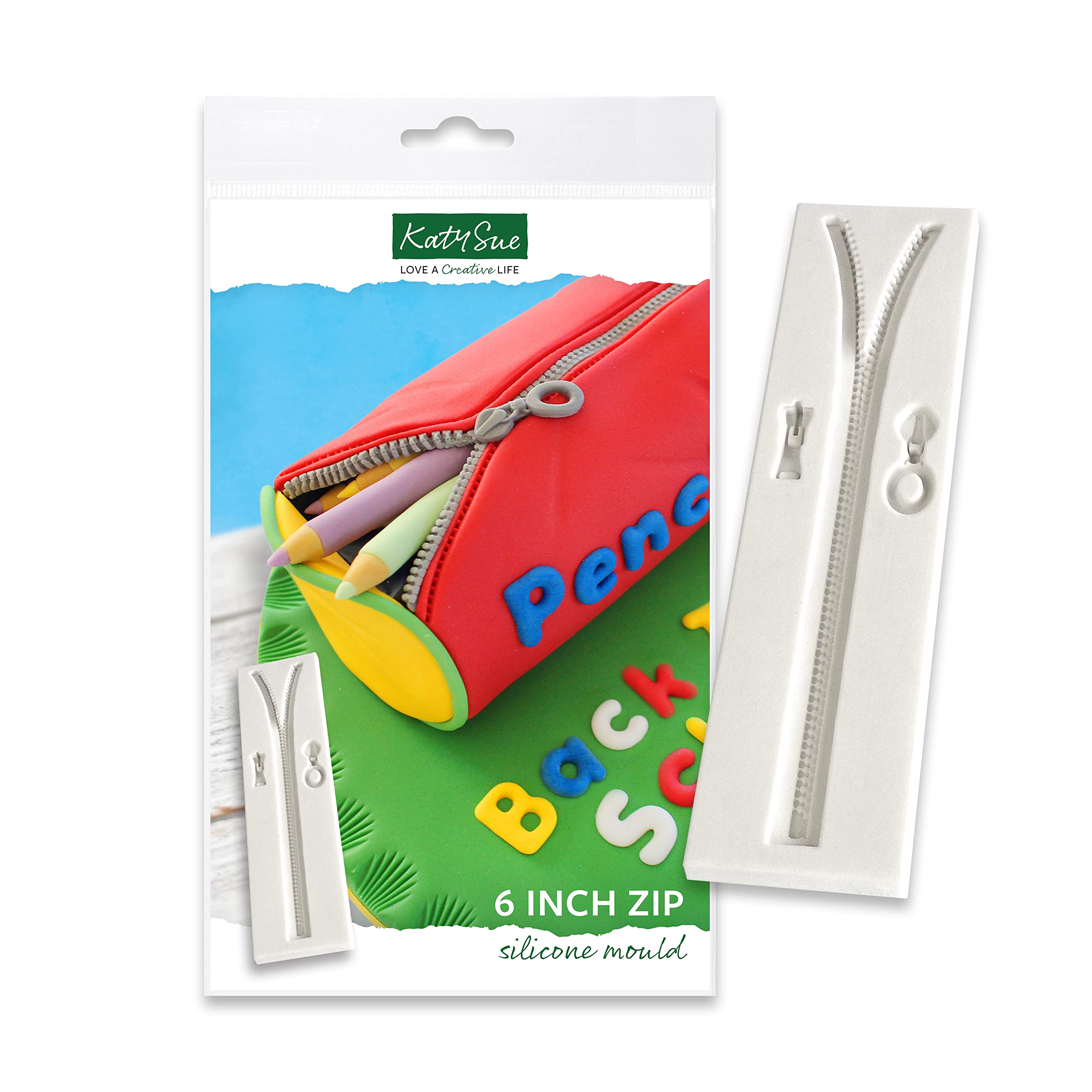 Katy Sue 6 Inch Zip Silicone Mould for Cake Decorating & Crafts. Creates a 6-inch (152mm) Open Zipper Chain. Use with Fondant, Air Dry Clay, Sugar Paste & Modelling Chocolate from Katy Sue Moulds