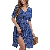 Spicy Sandia Womens Midi Casual Dress Elastic Empire Waist Short Sleeve V Neck A Line Flowy Vintage Dress for Summer Spring