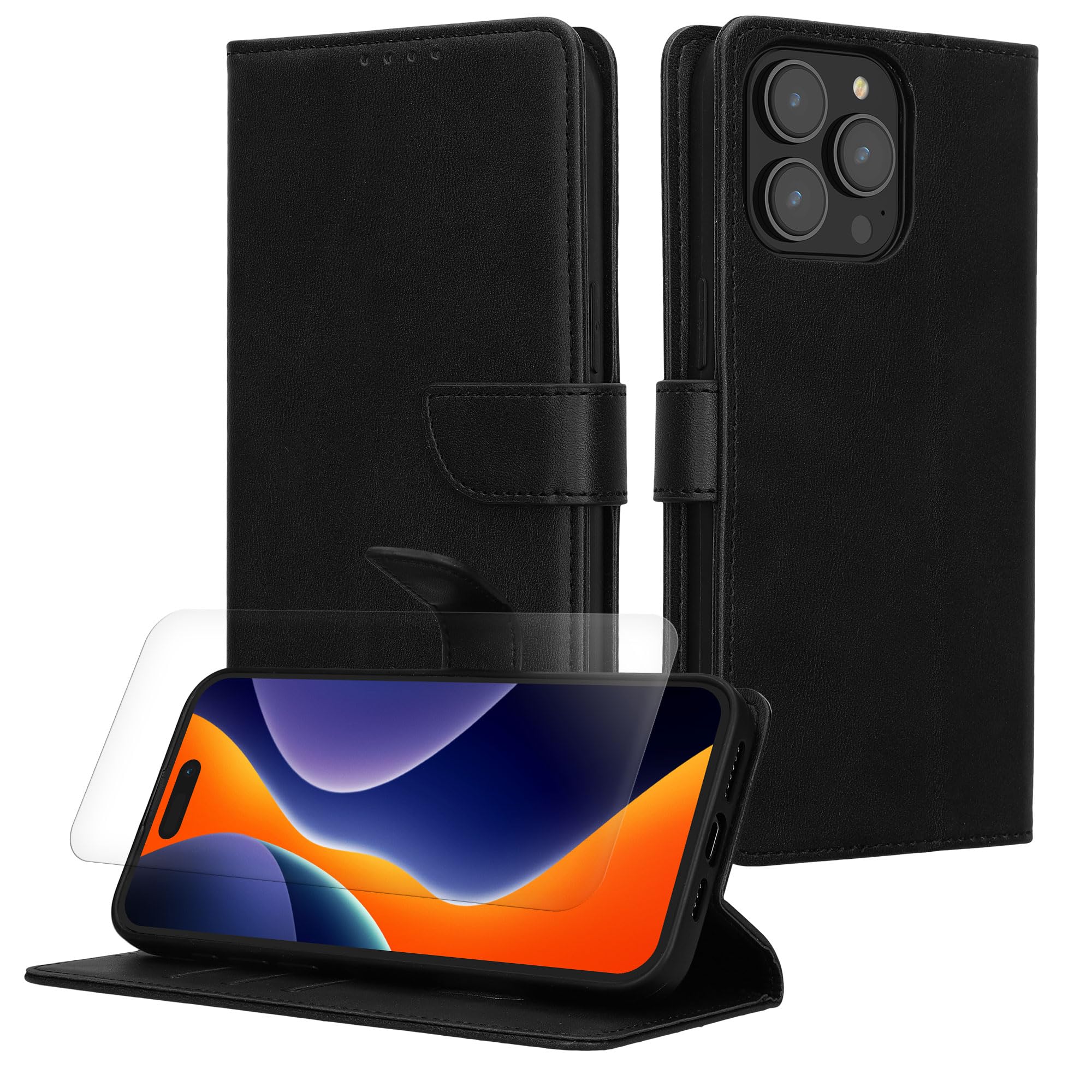 kwmobile PU Faux Leather Case Compatible with Apple iPhone 15 Pro Max - Wallet Case with Screen Protector - Black