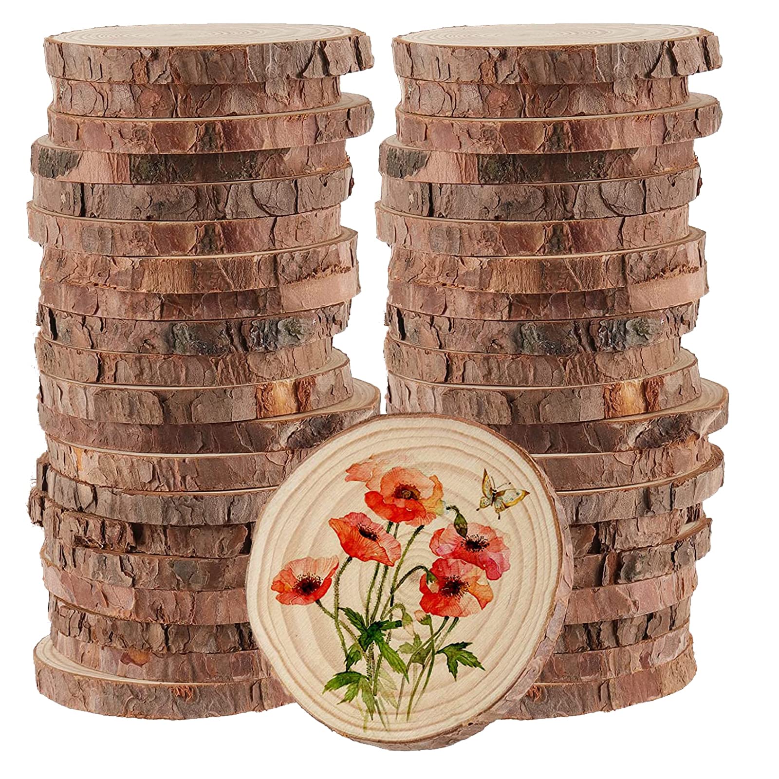 HAKZEON 50 PCS 9-10 cm Natural Wood Slices, 1 cm Thick Unfinished Wood Slices for Crafts Rustic Wedding Ornaments, DIY Arts Christmas Home Decor, 3.5-4 Inch