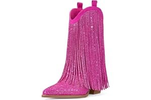 Ouepiano Cowboy Boots for Women - Cowgirl Rhinestone Boots with Sparkly Fringe Pointed Toe Western Ankle Boots & Booties Chunky Heel Pull-On