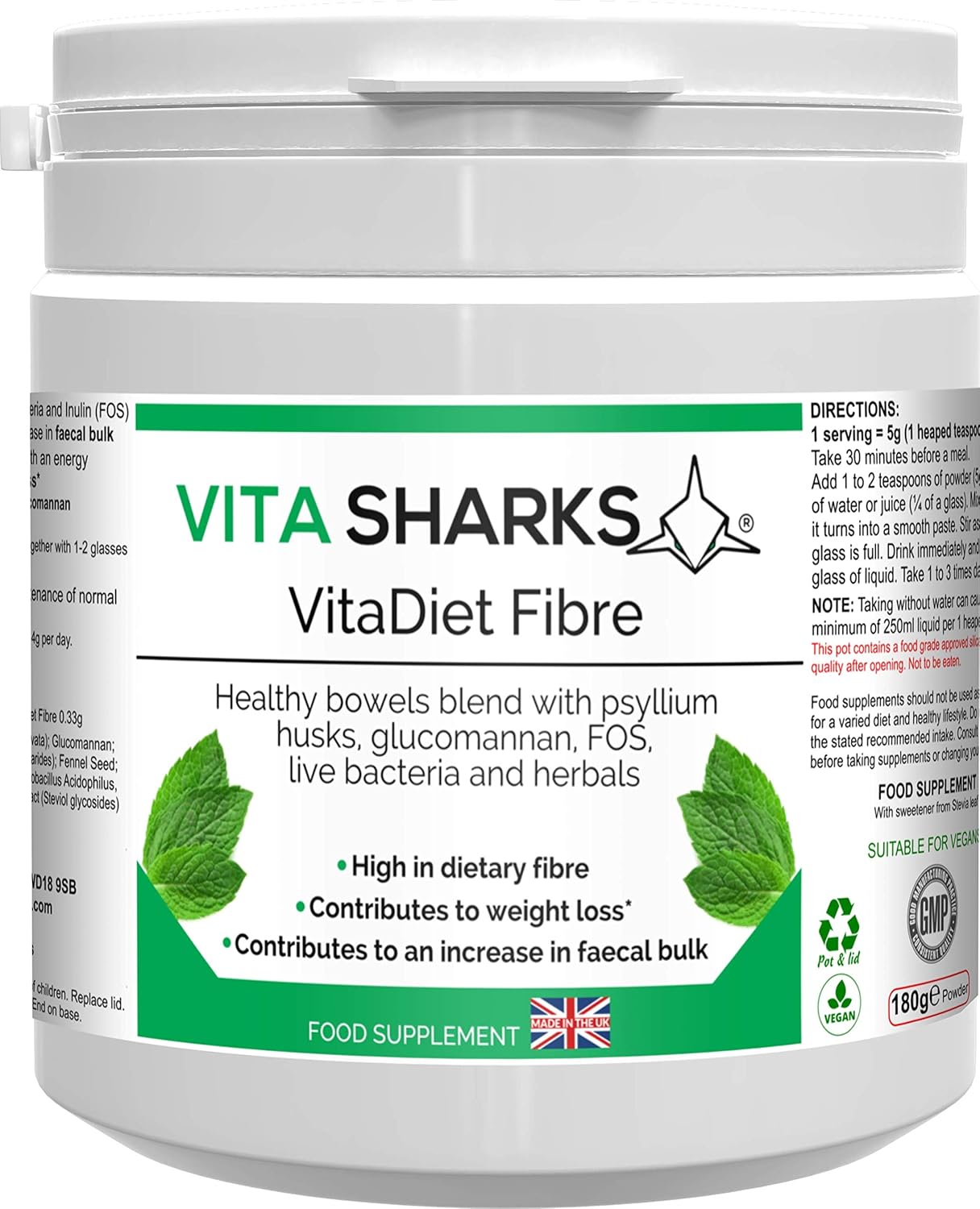 VitaDiet Fibre 180g Powder with Psyllium Husk for Gentle Vegan Cholesterol Management Bowel Cleanse