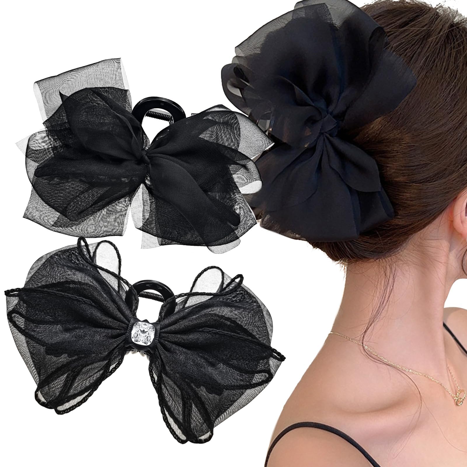 2 PACK Black Chiffon Bowknot Hair Clips, Mesh Tulle Bow Hair Claw Clips with Rhinestones, Big Claw Clips for Thick Hair Ponytail Hair Accessories for Women