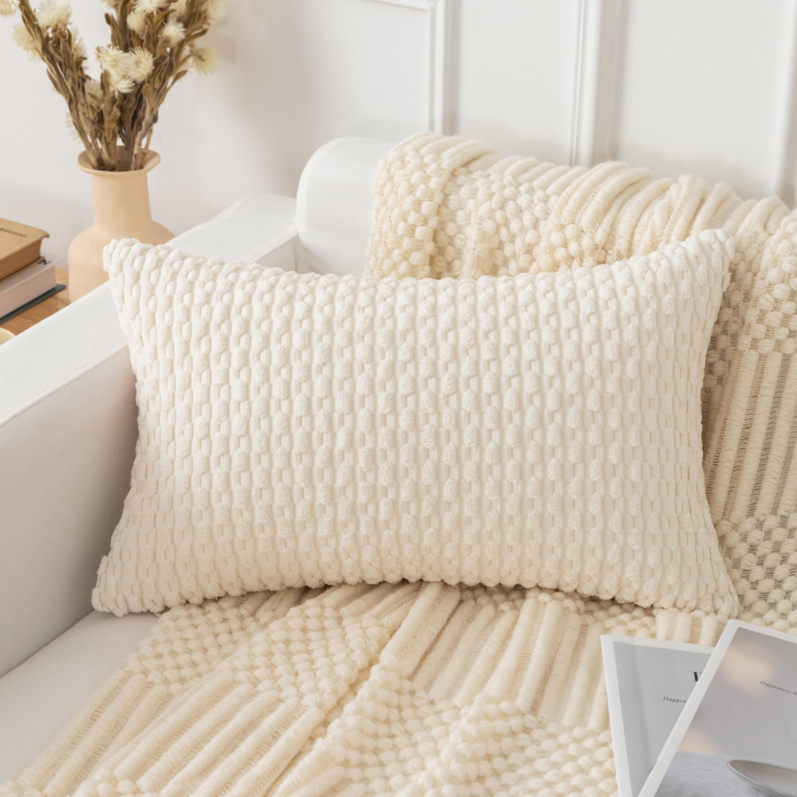 Photo 1 of UGASA Soft Corduroy Decorative Pillow Cover 12x20 Inch Boho Striped Oblong Throw Pillow Cover Modern Home Decor for Sofa Living Room Couch Bed Cream White, 1 Piece