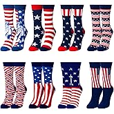Vicenpal 8 Pairs 4th of July American Flag Socks 250th Anniversary Patriotic White Red and Blue USA Stripes American Flag Gifts Stars Crew Socks for Independence Day Veterans Day Women Men