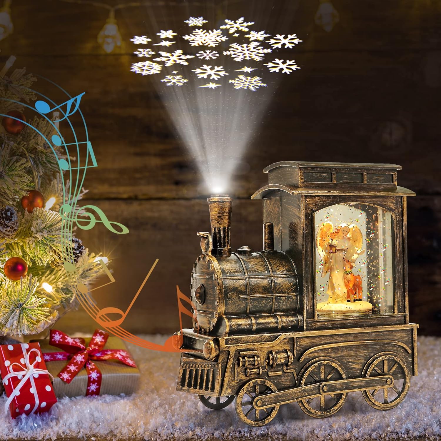 Snow Globes - Christmas Snow Globe Lantern Train with Projector Lighted Musical Water Snowing Glittering Lantern with 6H Timer USB & Battery Operated Christmas Home Decoration Gift for Kids Family(Angel &Elk)