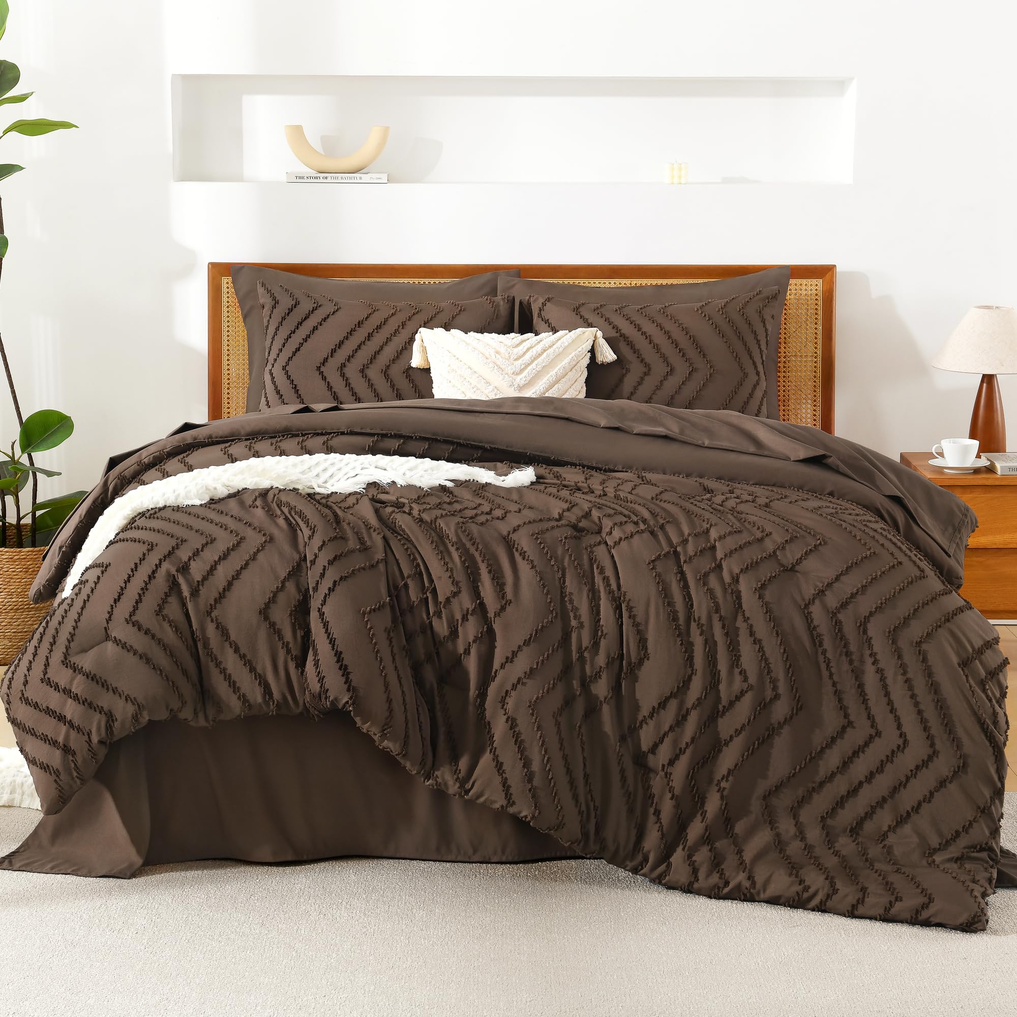 Litanika Queen Size Comforter Set with Sheets Brown - 7 Pieces Bed in a Bag Queen Chevron Tufted Complete Bedding Sets with Comforter, Sheets, Pillowcases & Shams Image