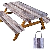 Picnic Table Cover with Bench Covers Farmhouse Waterproof Windproof Fitted Outdoor Tablecloth with Elastic Rectangle Table Cloth Camping Must Haves Rv Accessories,72x30 Inch (Wood )