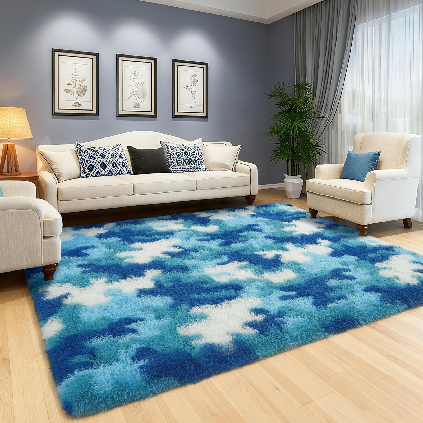 AROGAN Soft Fuzzy Kids Rugs for Girls Room Playroom 8x10 Feet, Fluffy Cute Colorful Princess Carpet for Kids Teens Nursery Toddler, Bedroom, Camouflage Blue and White Image