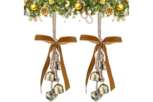 Lukmaa 2 Pcs Rustic Christmas Bells with Neutral Velvet Ribbon Bows Christmas Metal Bells Hanging Ornament Xmas Tree Wall Door Wreath Decoration for Rustic Farmhouse Holiday Decoration