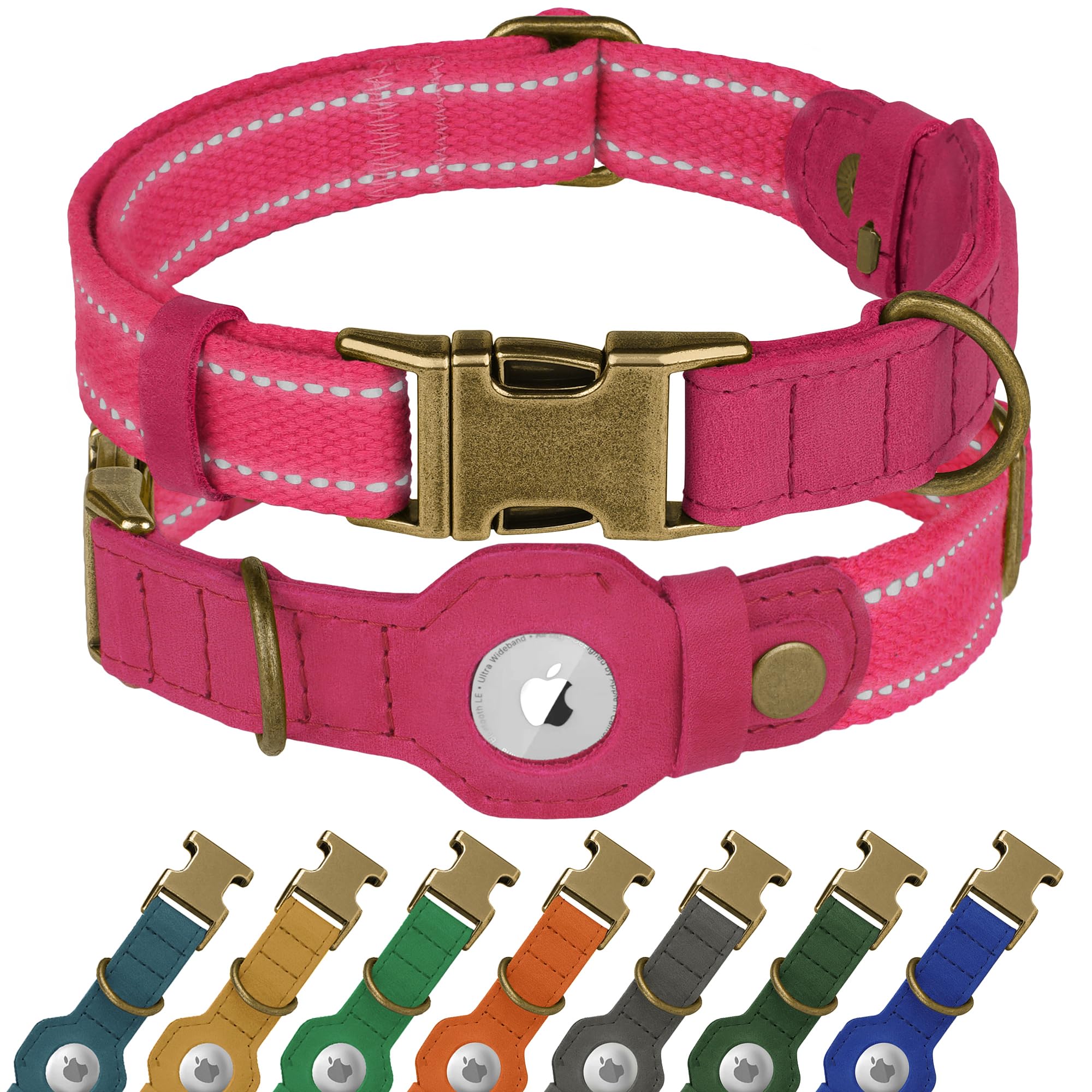 Photo 1 of Reflective Leather Dog Collar with AirTag Holder - Soft Apple Airtag Dog Collar with Metal Buckle - Safety Cotton Pet Collars for Dogs Small Large Dogs Puppy (Pink, XS, 9"-12")