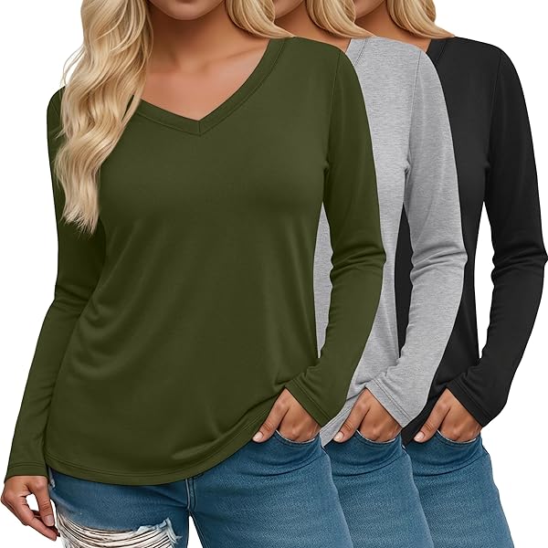 TheMogan Women's V-Neck Long Sleeve Top Basic Stretch Cotton