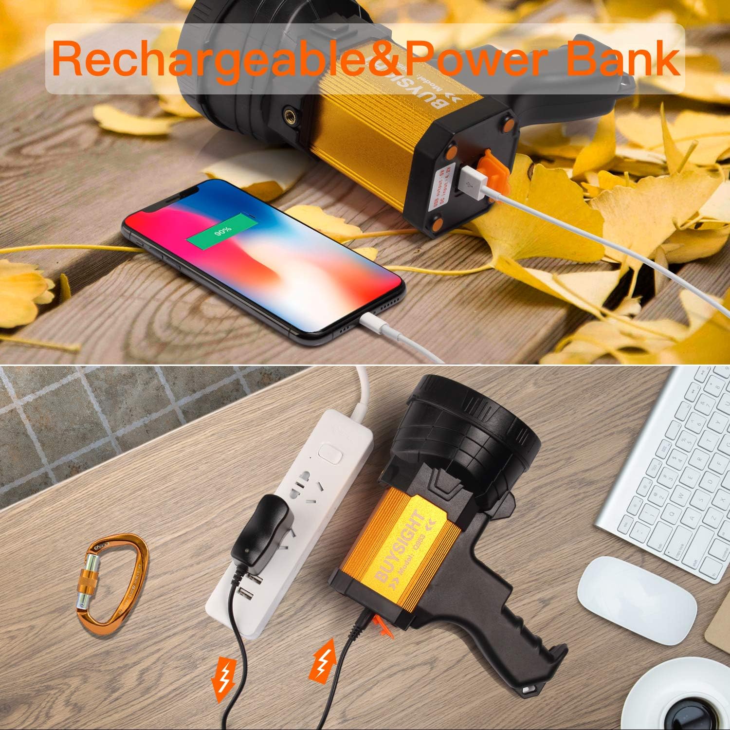 BUYSIGHT Rechargeable spotlight, Spot lights hand held large flashlight 6000 lumens handheld spotlight Lightweight and Super bright flashlight (Aluminium_Alloy Golden) - - 