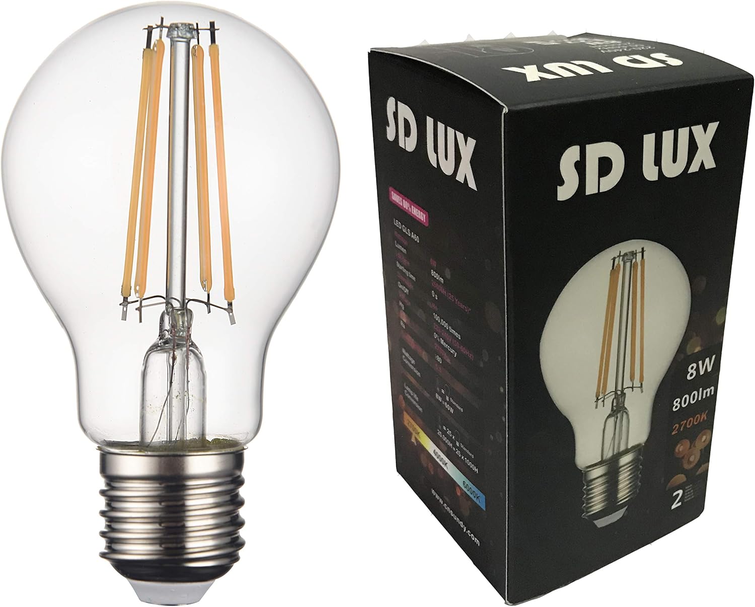 SD LUX LED Light Bulbs Screw E27 Vintage Filament LED Bulbs A60 Screw Bulbs No Flicker Non-dimmable Edison Bulbs 8W (75W Equivalent) 850LM Warm White 2700K 6 Packs(A60-E27) - Image 5