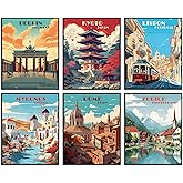 Travel City Vintage Poster Set of 6 Unframed (8''x10'') Popular Cities for Wall Decor Landscape Art Aesthetic Room Decor (Travel City C, 8 x 10)