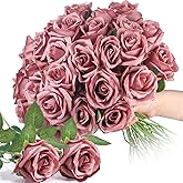 Thiccywoov 30 Pcs Rose Artificial Flowers in Bulk Real Touch Long Stem Silk Roses Bouquets Realistic Faux Flowers for Wedding Bridal Shower Home Decor Floral Arrangements Table Centerpiece(Dusty)