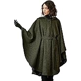BEAUTELICATE Women Tweed Hooded Belted Cloak Buttons Closure Sleeveless Satin Lining Wool Poncho