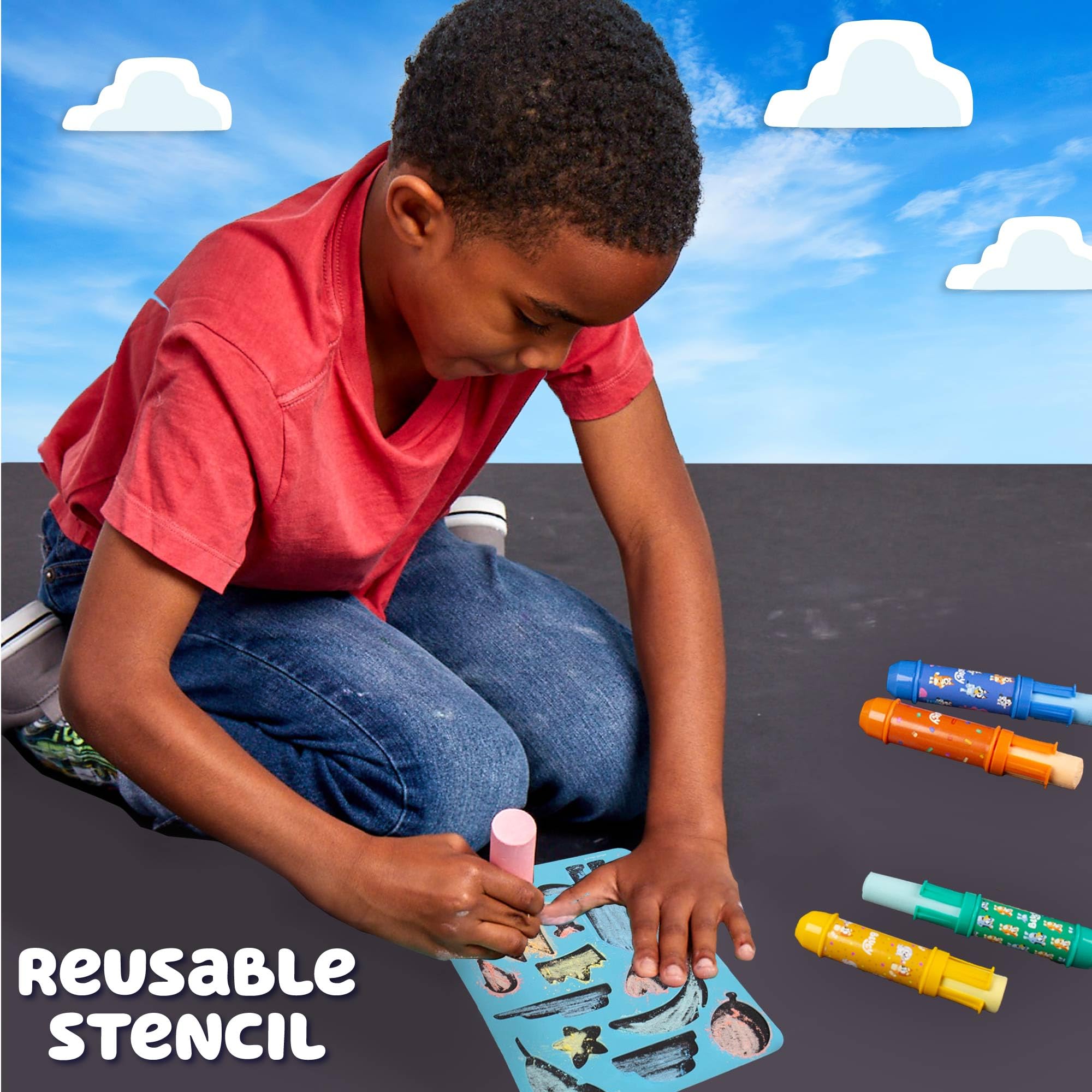 Official Bluey Chalk Art, 5-Pack, Vibrant Sidewalk Chalk For Kids, Includes 5 Chalks, Chalk Holders & Reusable Stencil, Outside Toys for Toddlers 1-3, Bluey Birthday Party Supplies, Bluey Toys
