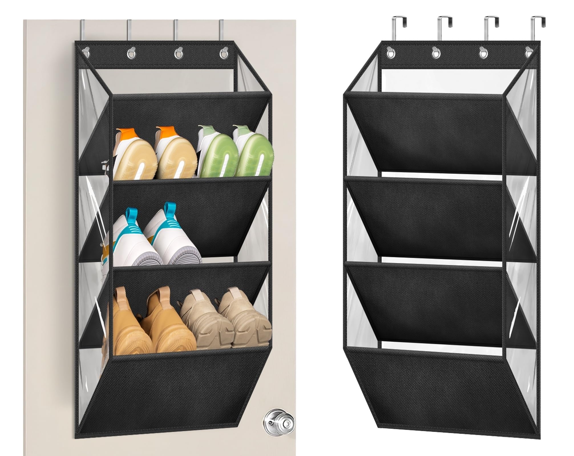 Photo 1 of AOODA 4 Tier Clear Small Over The Door Shoe Organizer Storage, Deep Pockets Hanging Shoe Rack for Narrow Door, RV, Dorm (Black)