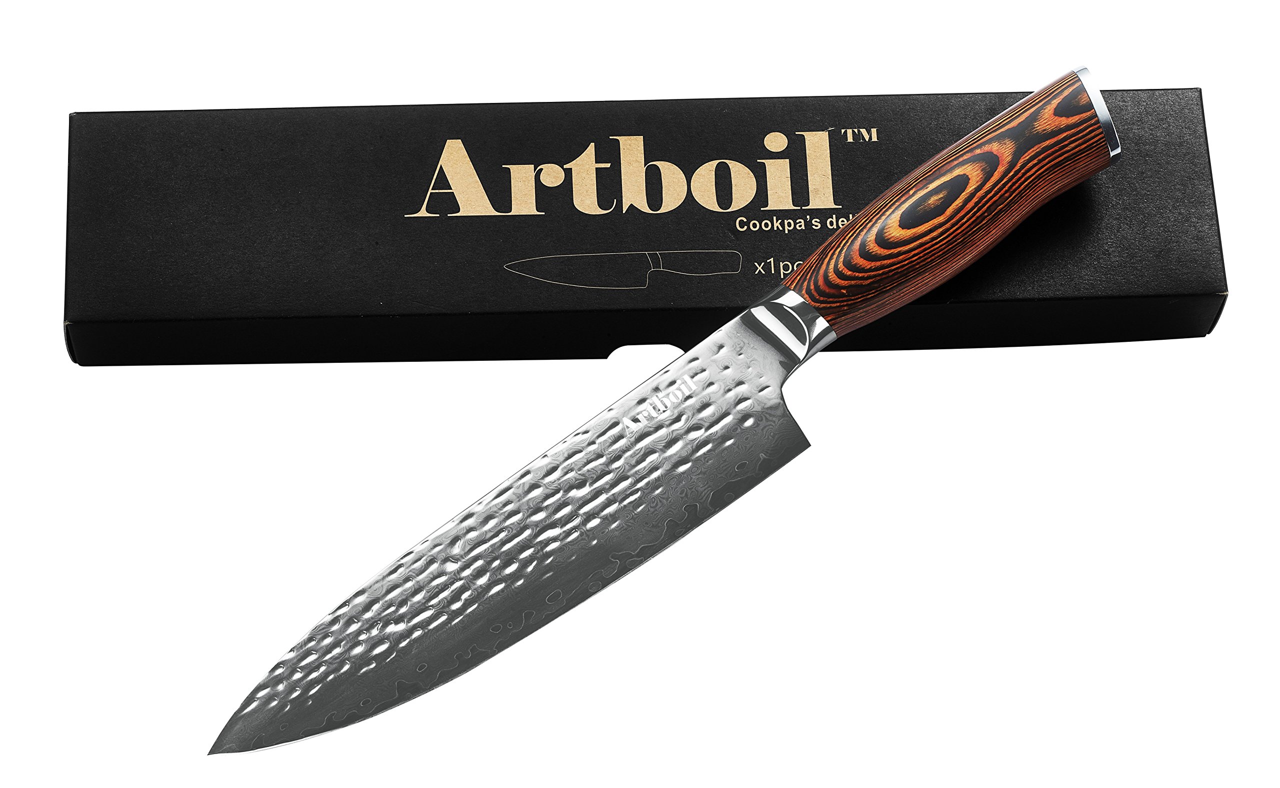 Photo 1 of Artboil Professional 8-Inch Damascus Chef Knife - Razor-Sharp, Handcrafted VG10 Steel Blade with Ergonomic Handle for Kitchen Precision