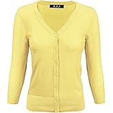 YEMAK Women's Knit Cardigan Sweater – 3/4 Sleeve V-Neck Basic Classic Casual Button Down Soft Lightweight Top (S-3XL)