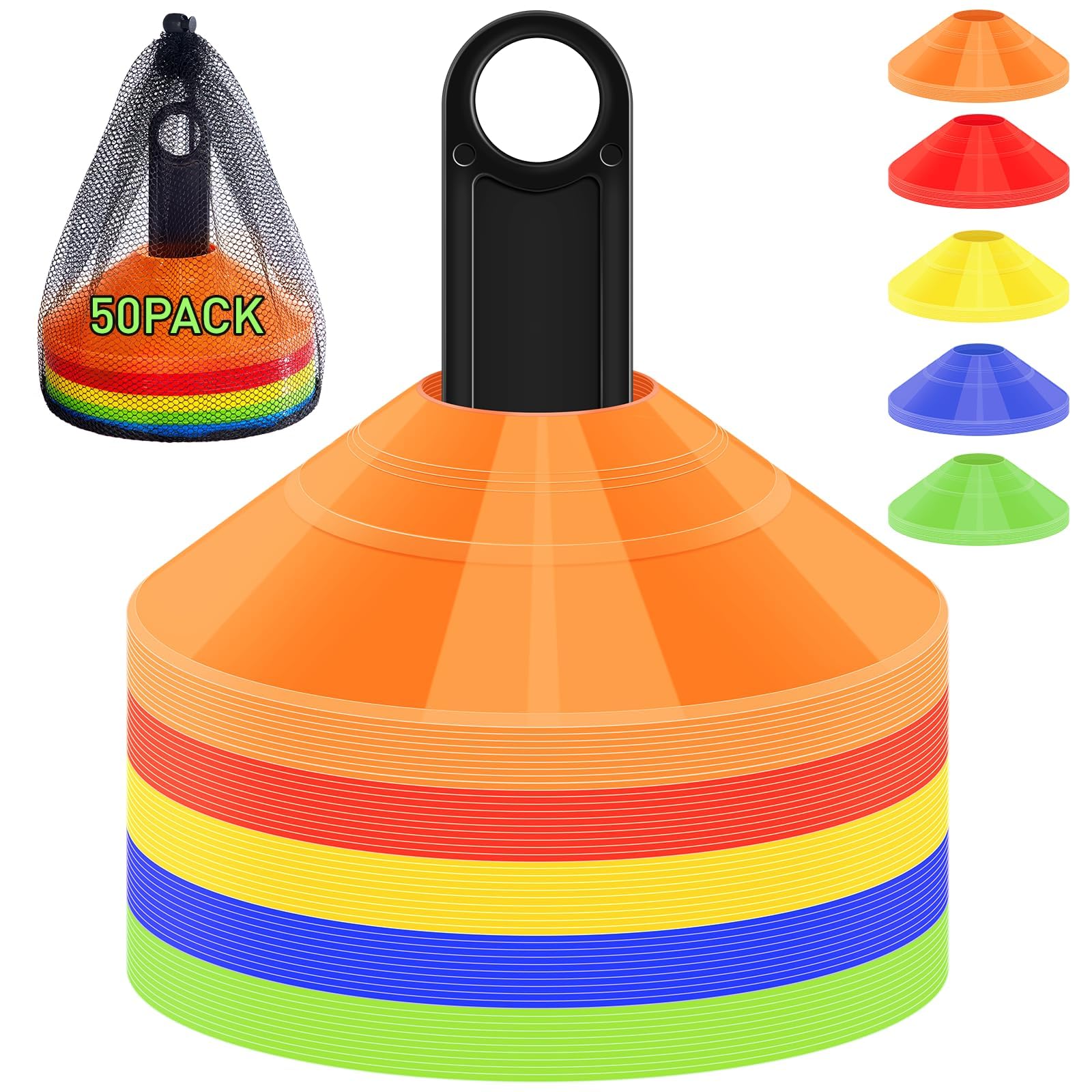 Eidoct Football Cones (Set of 50) - Marker Cones Including Holder and Bag Set, Perfect for Football and Sports, Training Cones,Rugby, Sports Cones, Football Cones Training Set, Multisport Cones
