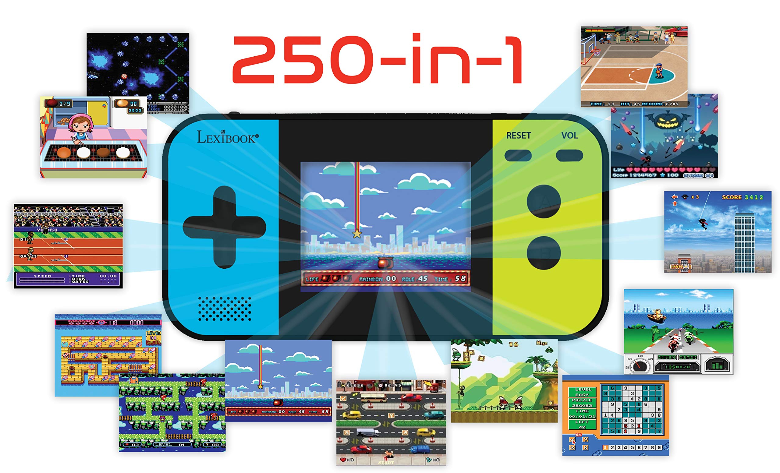 Lexibook Compact Cyber Arcade Portable Gaming Console, 250 Gaming, LCD, Battery Operated, Video Game for Children, Black/Blue/Green, JL2377