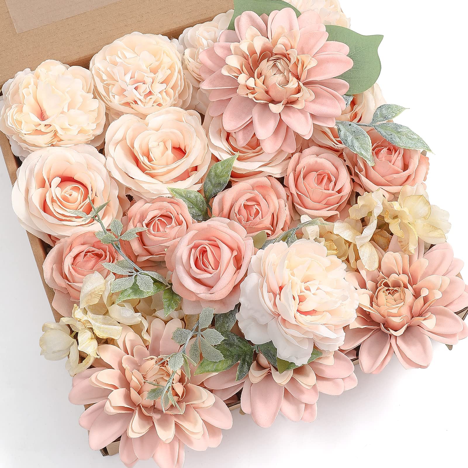 Artificial Flowers Combo Box Set Gradient Color Flower Leaf with Stems for DIY Wedding Bouquets Centerpieces Baby Shower Party Home Decorations (Peach) one size