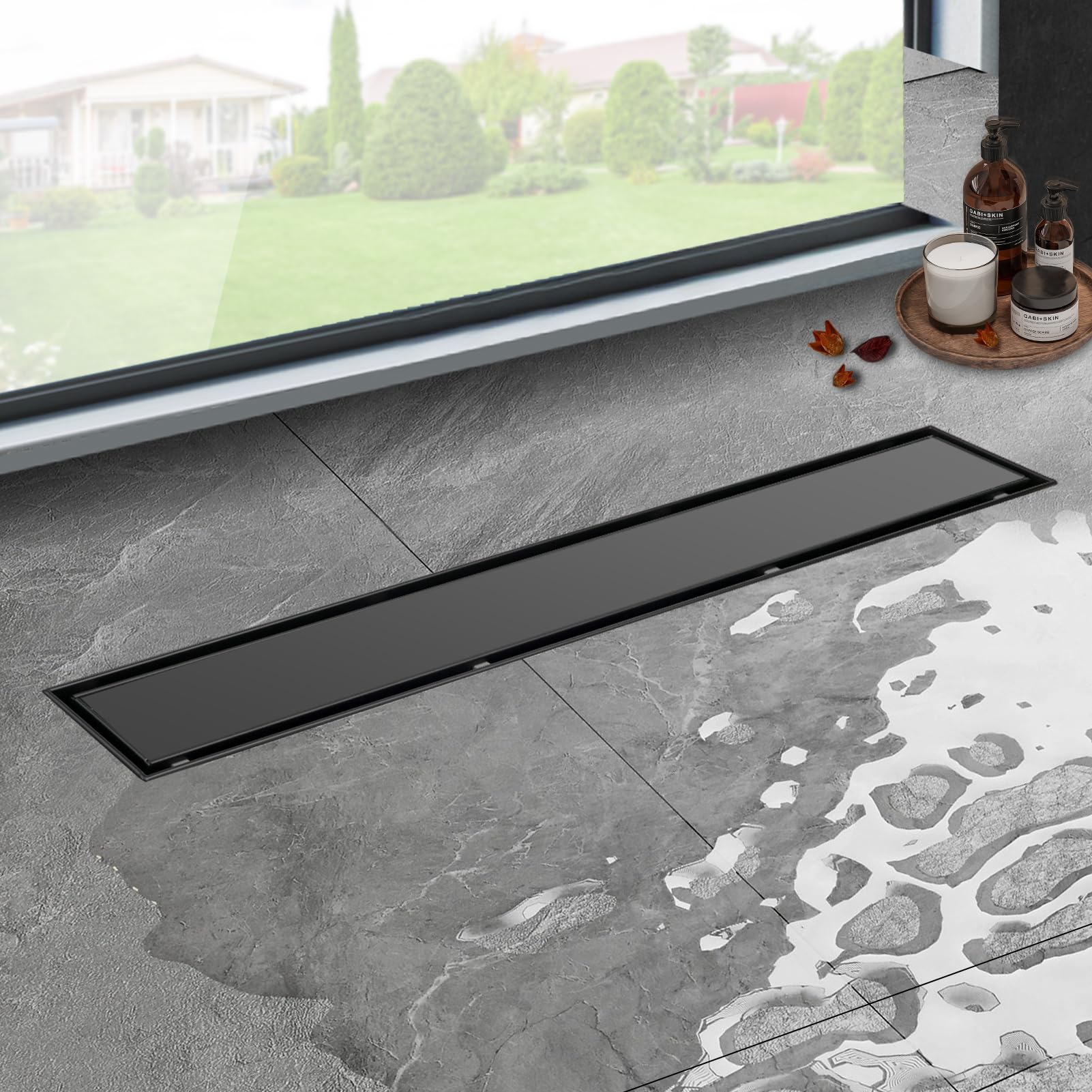 iYueMps Linear Shower Drain 500mm/20inch,Stainless Steel Invisible Bathroom Floor Drain Set,Premium Black 2in1 Double-Sided,Tile Insert, with Odor Stop and Hair Strainer — image 1