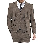 Mens Tweed Herringbone Wedding Suit Prom Tuxedos 3 Piece Peak Lapel Dress