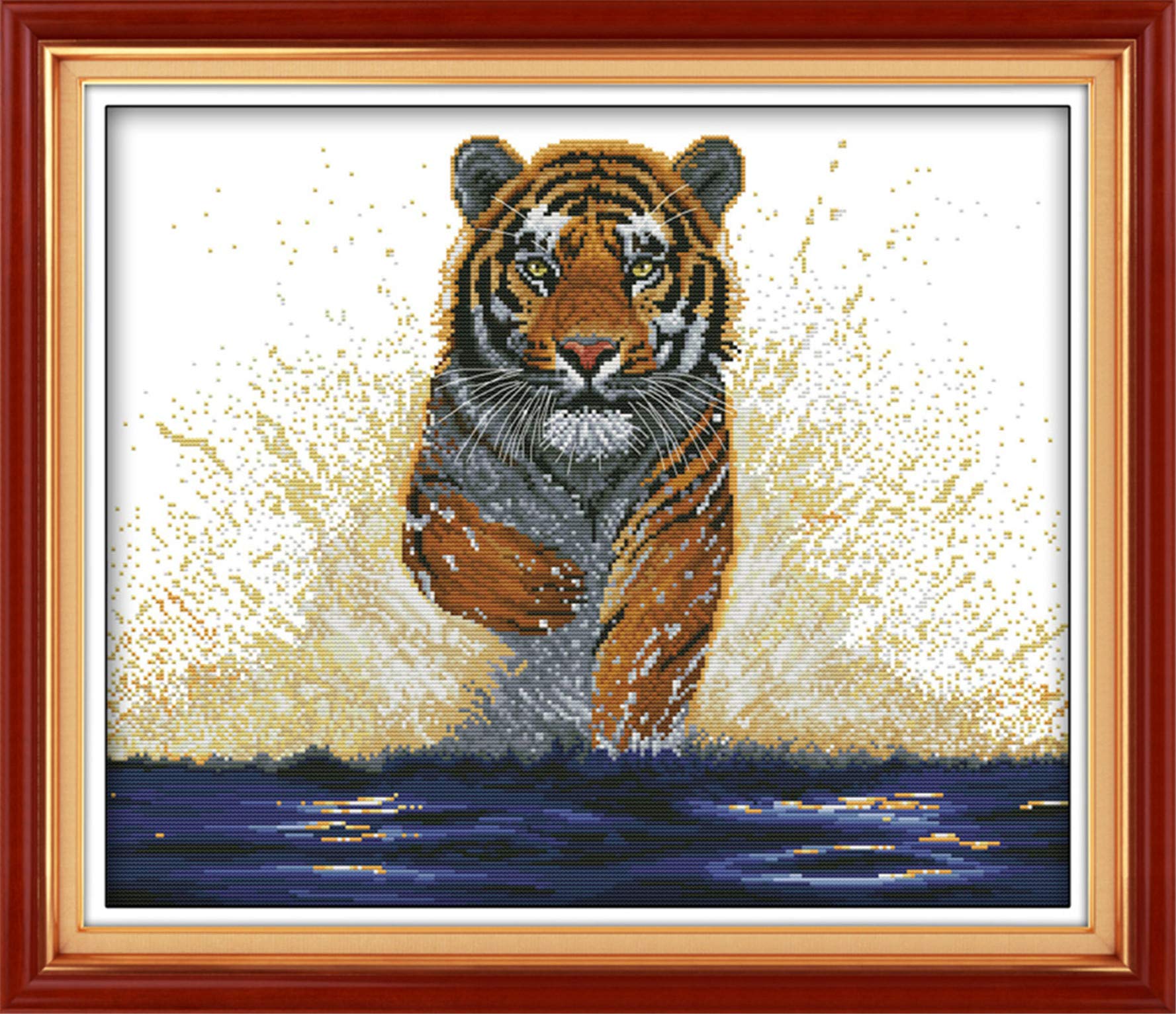 CaptainCrafts Cross Stitch Kits, Stamped Cross Stitch Preprinted Fabric DIY Art Embroidery kits Needlework Crafts (Preprinted 11CT, Tiger King Back)