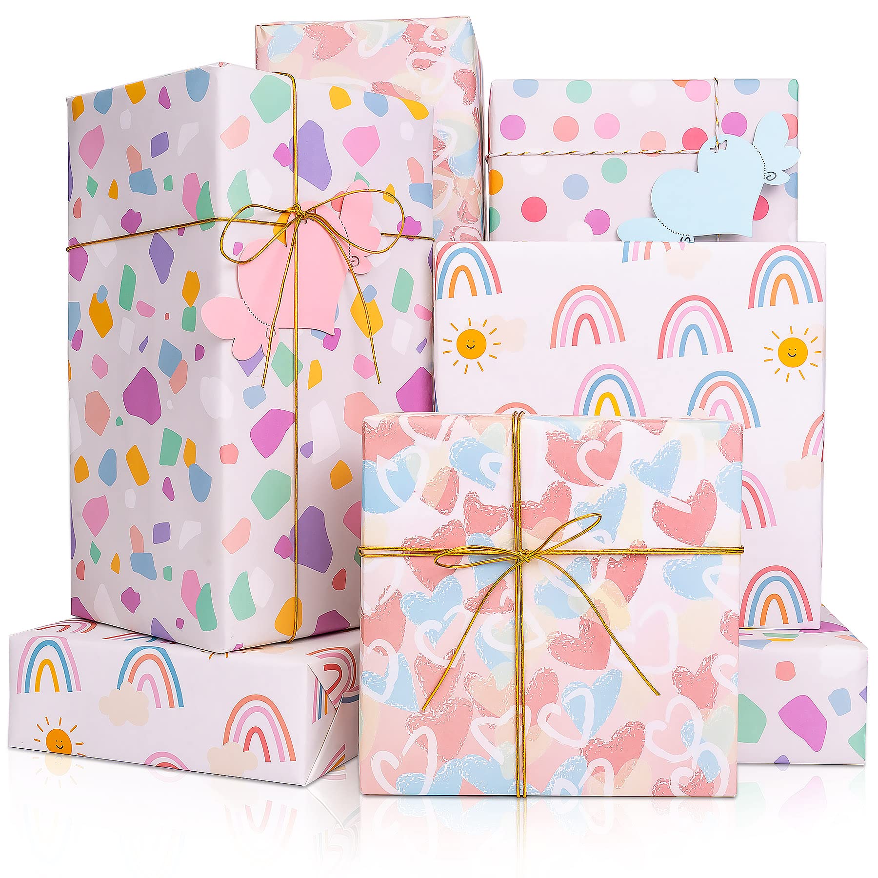 Larcenciel Birthday Wrapping Paper Female, Colourful Pink Wrapping Paper for Girls w/ 4 Gift Tag, Rainbow Heart Polka Dot Gift Wrap for Birthday, Christmas, Wedding, Anniversary, 4 Sheets 70x50cm