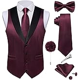 DiBanGu Mens Shiny Satin Vest Tie Set 8PCS Solid Waistcoat and Pre-tied Bowtie Shawl Collar Dress Vest for Wedding Formal