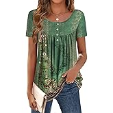 Zeagoo Women Tunic Tops Dressy Casual Summer Short Sleeve Shirts Floral Loose Fit Pleated Boho Top S-XXL